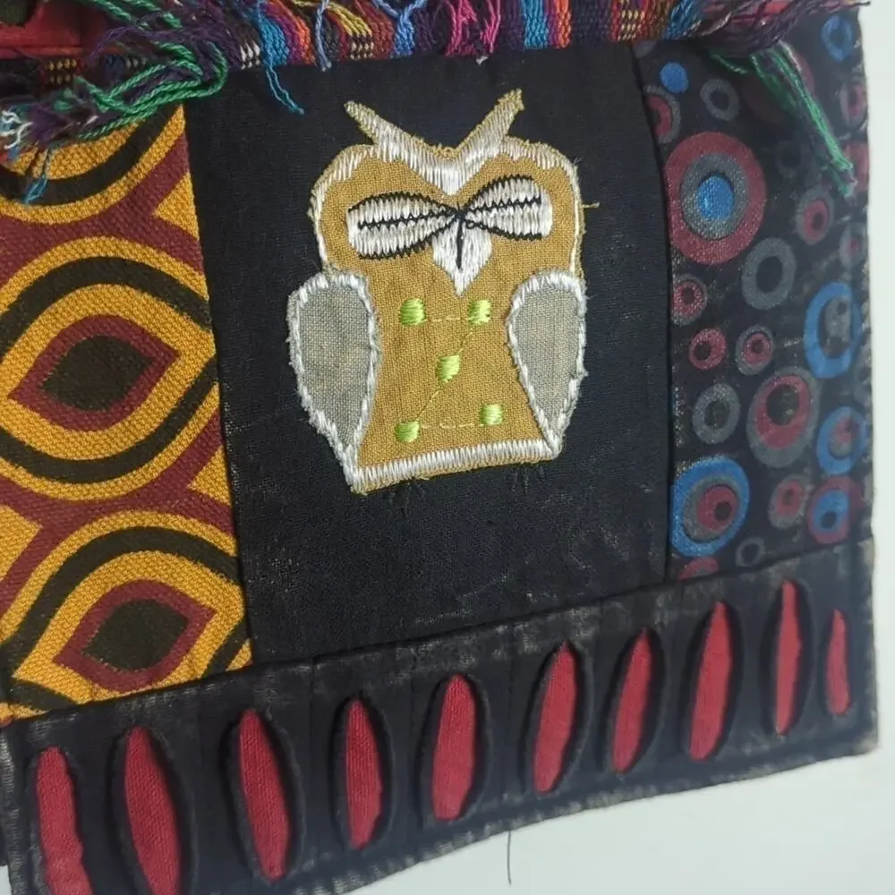 Boho Patchwork Owl Mixed Media Crossbody Bag Multicolored Made in Nepal